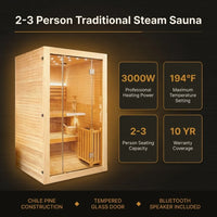 2-3 Person Traditional Steam Sauna, Flat Frame Home Sauna with 3000W, LED Lights, Speaker, Adjustable Temp, 10-Yr Warranty — Results & Stats